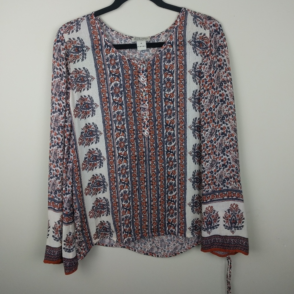 Lucky Brand peasant print blouse waist tie bell M